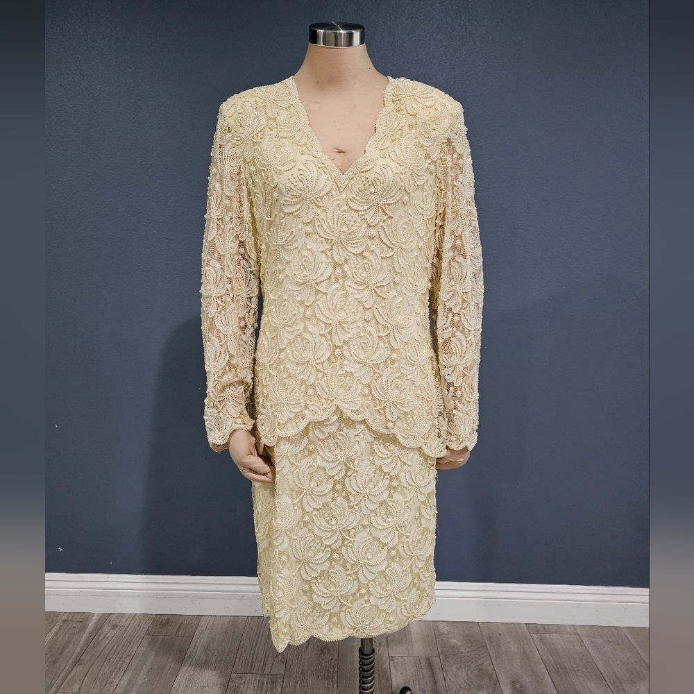 BEADED DRAMA Women Vintage Cream Lace Overlay Pearl Beaded Dress XL